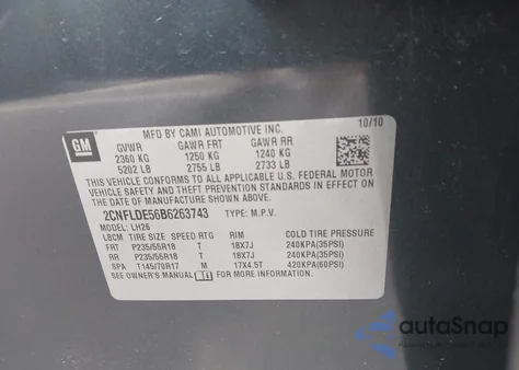 2011 Chevrolet Equinox 1Lt из США, поврежденный, VIN 2CNFLDE56B6263743